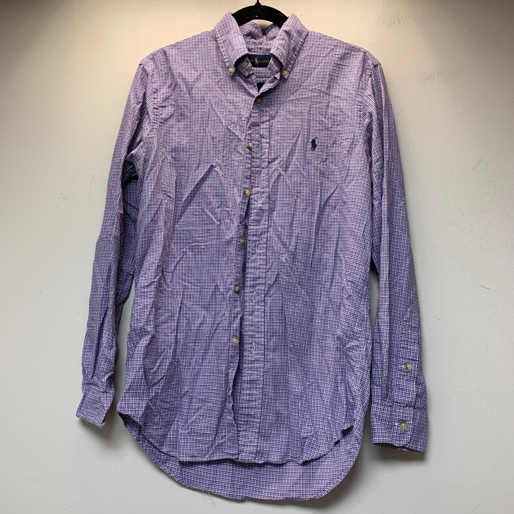 Ralph Lauren Button Down Mens Small Purple Blue Gingham Cotton Excellent Logo